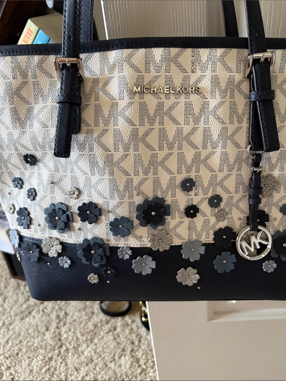 Michael Kors Cream and Black Floral MK Logo Tote - Picture 2 of 3